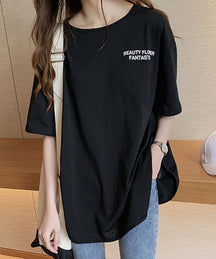 Goinluck 簡約 オシャレ 英文字 レディース 半袖 カットソー 夏 ゆったり 丸首 スリット 無地 Tシャツ