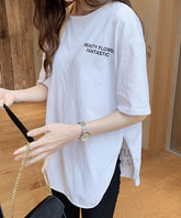 Goinluck 簡約 オシャレ 英文字 レディース 半袖 カットソー 夏 ゆったり 丸首 スリット 無地 Tシャツ